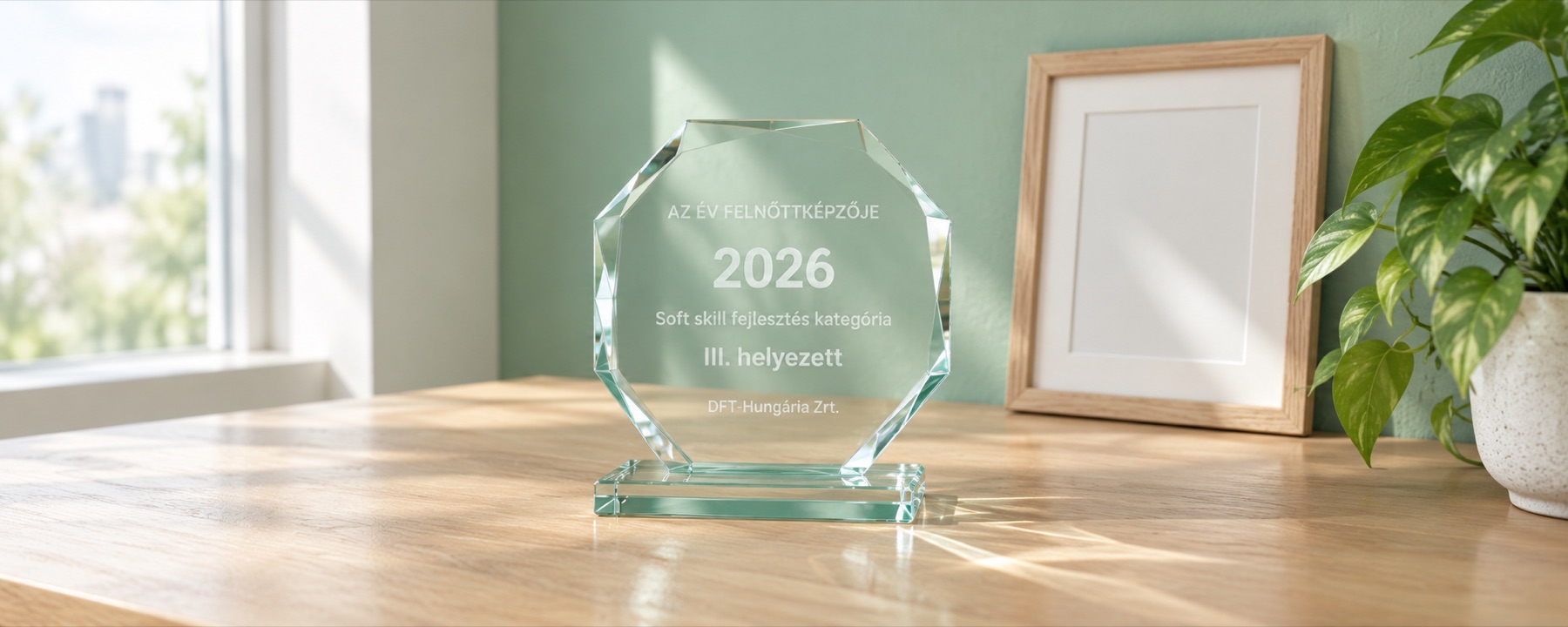 Üveg díjtrófea: Az Év Felnőttképzője 2026, Soft skill fejlesztés kategória, III. helyezett, DFT-Hungária Zrt.
