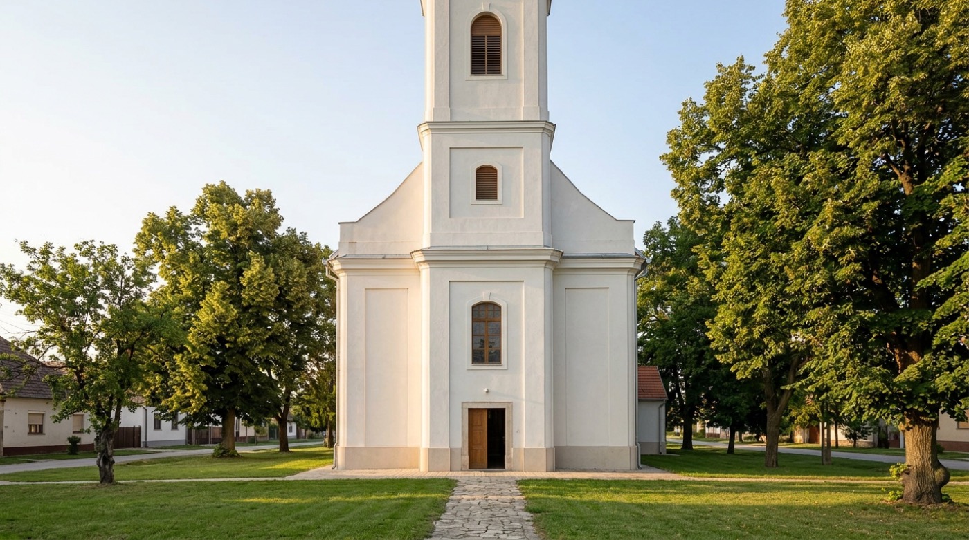 A whitewashed village church on the square