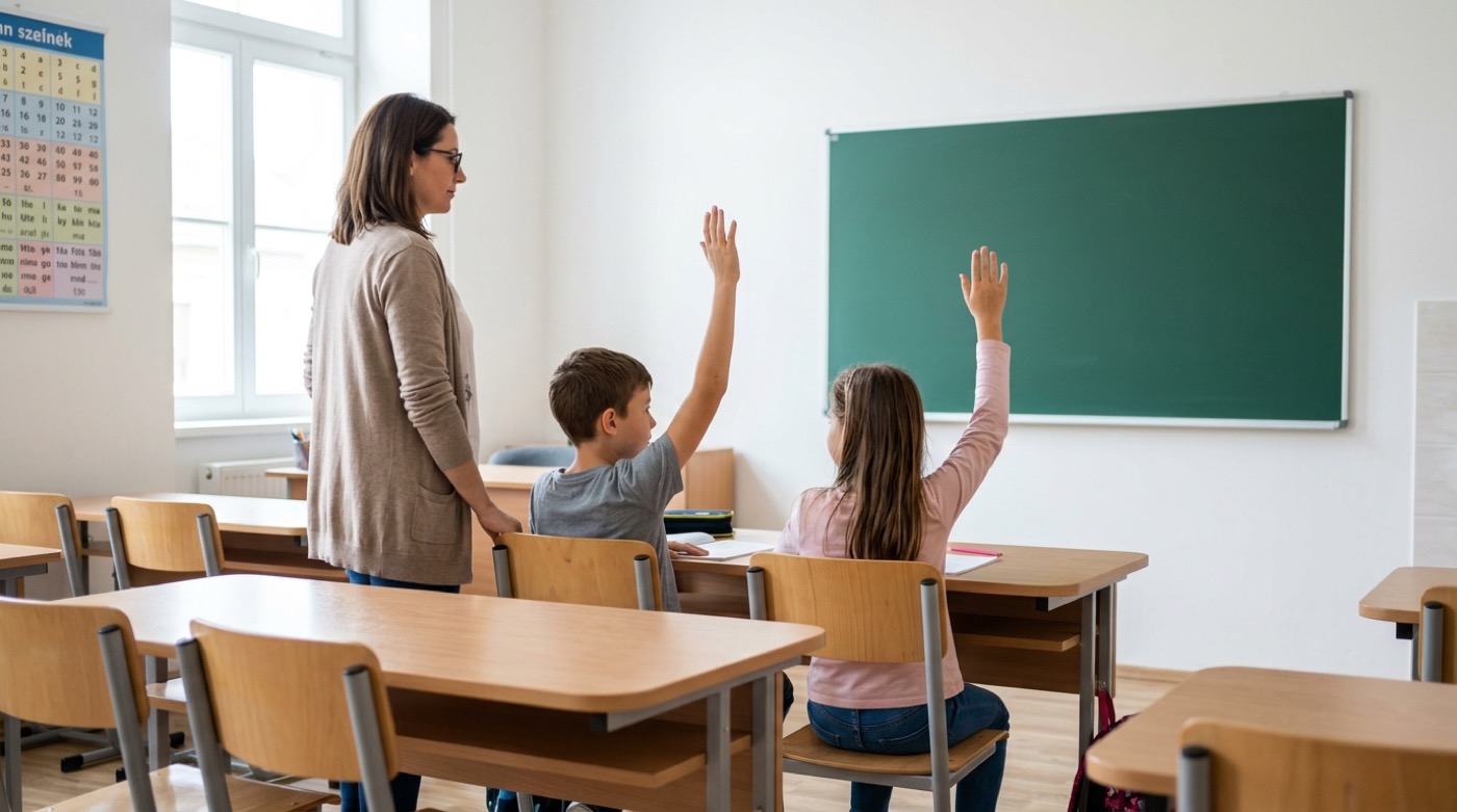 A teacher and pupils raising their hands in a classroom